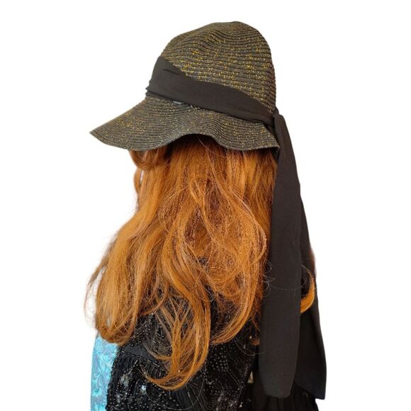 Black Gold Metallic Weaved Wide Brim Straw Sun Hat With Black Ribbon - Picture 7 of 8